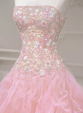Luxurious Ball Gown Strapless Pink Tulle Long Prom Dress HZ1022