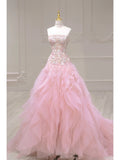 Luxurious Ball Gown Strapless Pink Tulle Long Prom Dress HZ1022