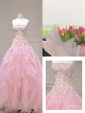 Luxurious Ball Gown Strapless Pink Tulle Long Prom Dress HZ1022