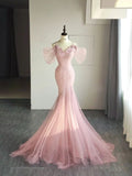 Simple Mermaid Straps Pink Tulle Long Prom Dress HZ1022