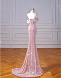 Sparkly Mermaid Straps Pink Tulle Pearls Long Prom Dress HZ1022