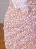 Sparkly Mermaid Straps Pink Tulle Pearls Long Prom Dress HZ1022