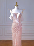 Sparkly Mermaid Straps Pink Tulle Pearls Long Prom Dress HZ1022