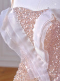 Sparkly Mermaid Straps Pink Tulle Pearls Long Prom Dress HZ1022