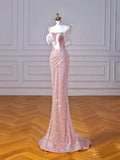 Sparkly Mermaid Straps Pink Tulle Pearls Long Prom Dress HZ1022