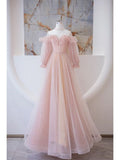 Simple A line Long Sleeves Pink Tulle Long Prom Dress HZ1022