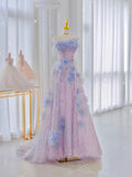 Elegant A line Strapless Tulle Floral Prom Dress HZ1022