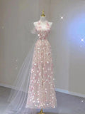 Elegant A line Halter Tulle Floral Pink Prom Dress HZ1022
