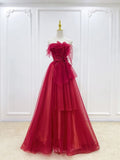 Elegant A line Strapless Red Tulle Long Prom Dress HZ1022