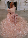 Fairy A line Short Sleeves Sequin Long Prom Dress HZ1022