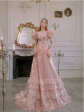 Fairy A line Short Sleeves Sequin Long Prom Dress HZ1022