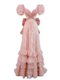 Modest A line Pink Short Sleeves Sequin Ruffles Long Prom Dresses HZ1022