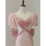 Fairy A line Short Sleeves Sequin Long Prom Dress HZ1022
