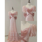 Modest A line Pink Short Sleeves Sequin Ruffles Long Prom Dresses HZ1022