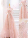 Fairy A line Strapless Tulle Sequin Long Pink Prom Dress HZ1022