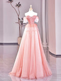 Fairy A line Strapless Tulle Long Pink Prom Dress HZ1022