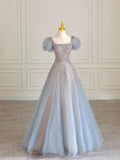 Fairy A line Square Neckline Tulle Long Blue Prom Dress HZ1022