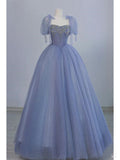 Fairy A line Straps Tulle Long Blue Prom Dress HZ1022