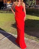 Sexy Sheath Straps Red Long Chiffon Slit Prom Dress HZ1022