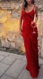 Sexy Sheath Straps Red Long Chiffon Slit Prom Dress HZ1022