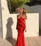 Sexy Sheath Straps Red Long Chiffon Slit Prom Dress HZ1022