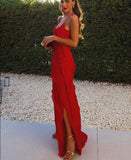 Sexy Sheath Straps Red Long Chiffon Slit Prom Dress HZ1022