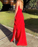 Sexy Sheath Straps Red Long Chiffon Slit Prom Dress HZ1022