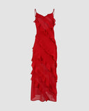 Sexy Sheath Straps Red Long Chiffon Slit Prom Dress HZ1022