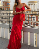 Sexy Sheath Straps Red Long Chiffon Slit Prom Dress HZ1022