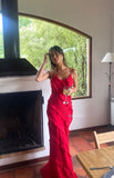 Sexy Red Chiffon Prom Dresses Long Ruffle Party Dress HZ1022