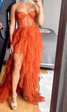 Rust Red Sweetheart High Low Tiered Prom Dress HZ1022