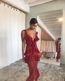 Sexy Sheath Straps Chiffon Long Tiered Burgundy Prom Dress HZ1022