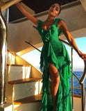 Sexy A line Straps Chiffon Long Tiered Green Prom Dress HZ1022