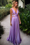 Unique V Neck Backless Purple Long Prom Dresses HZ1022