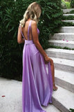 Unique V Neck Backless Purple Long Prom Dresses HZ1022
