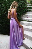 Unique V Neck Backless Purple Long Prom Dresses HZ1022