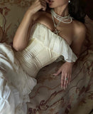 Vintage A line Strapless White Chiffon Long Prom Dresses HZ1022