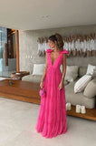 New Hot Pink Backless Long Prom Dress V Neck Formal Gown HZ1022