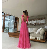 New Hot Pink Backless Long Prom Dress V Neck Formal Gown HZ1022