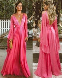 Vintage A Line Straps Pink Long Sleeves Prom Dresses HZ1022