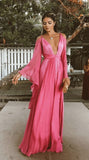Vintage A Line Straps Pink Long Sleeves Prom Dresses HZ1022