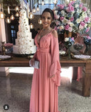Simple A Line Straps Light Pink Long Sleeves Prom Dresses HZ1022