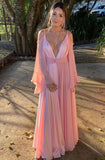 Simple A Line Straps Light Pink Long Sleeves Prom Dresses HZ1022