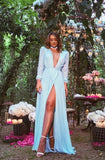 Simple A Line V Neckline Light Sky Blue Long Sleeves Prom Dresses HZ1022