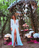 Simple A Line V Neckline Light Sky Blue Long Sleeves Prom Dresses HZ1022