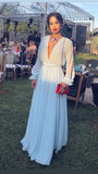 Simple A Line V Neckline Light Sky Blue Long Sleeves Chiffon Prom Dresses HZ1022