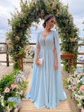 Light Sky Blue Chiffon A Line Prom Dresses With Streamer HZ1022