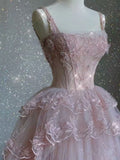 Modest Ball Gown Straps Pink Tulle Prom Dresses 22th Birthday Outfit HZ1022