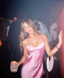 Sexy Sheath Straps Pink Silk Satin Prom Dresses 22th Birthday Outfit HZ1022