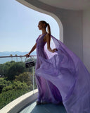 Simple A Line V Neckline Lilac Long Chiffon Prom Dresses HZ1022